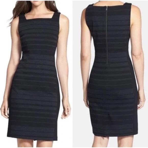 Eileen Fisher Black Striped Square Neck Stretch Bodycon Straight Dress Women's 8 - Picture 1 of 11